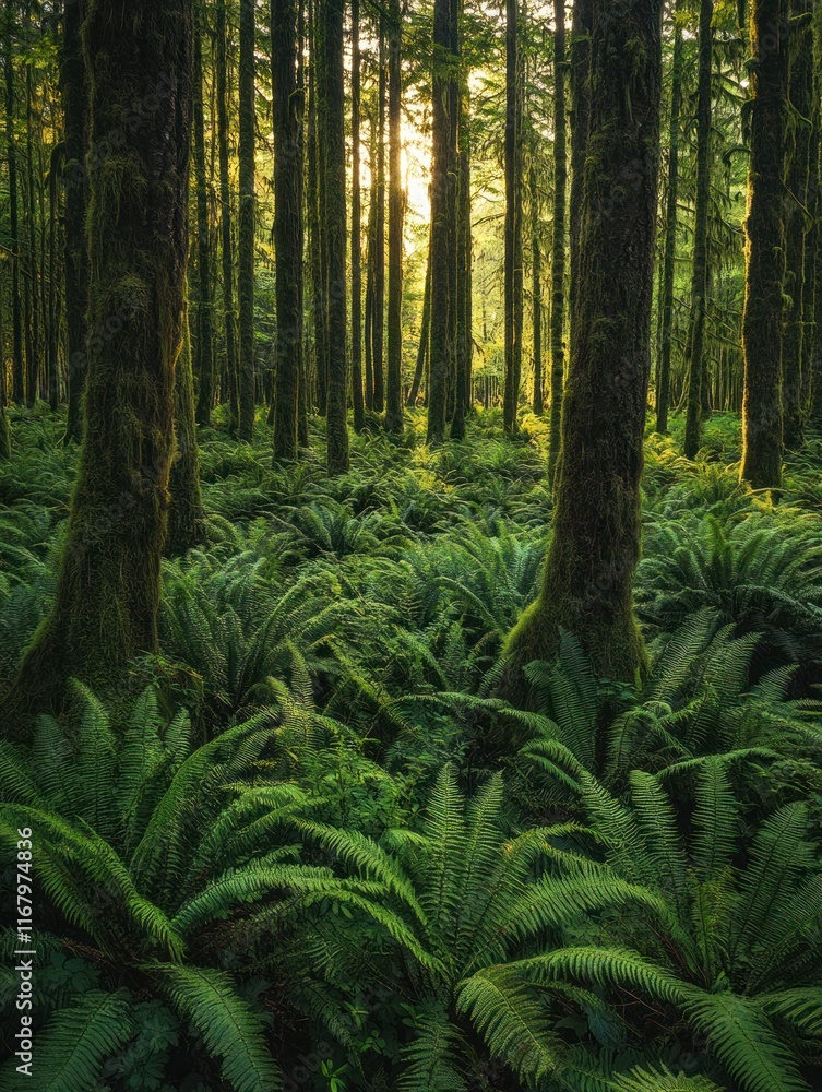 Poster Sunlit forest path with lush ferns and tall trees.