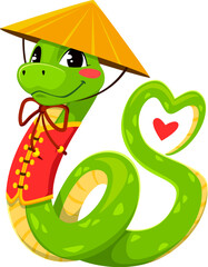 Funny cartoon green snake conveys love, valentine day and Chinese new year character wears conical hat and a traditional red outfit forming its tail into a heart shape with a small red heart inside