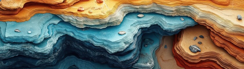 Naklejka premium A vivid abstract landscape showcasing layered textures in vibrant shades of blue, orange, and cream, resembling natural formations or geological patterns.