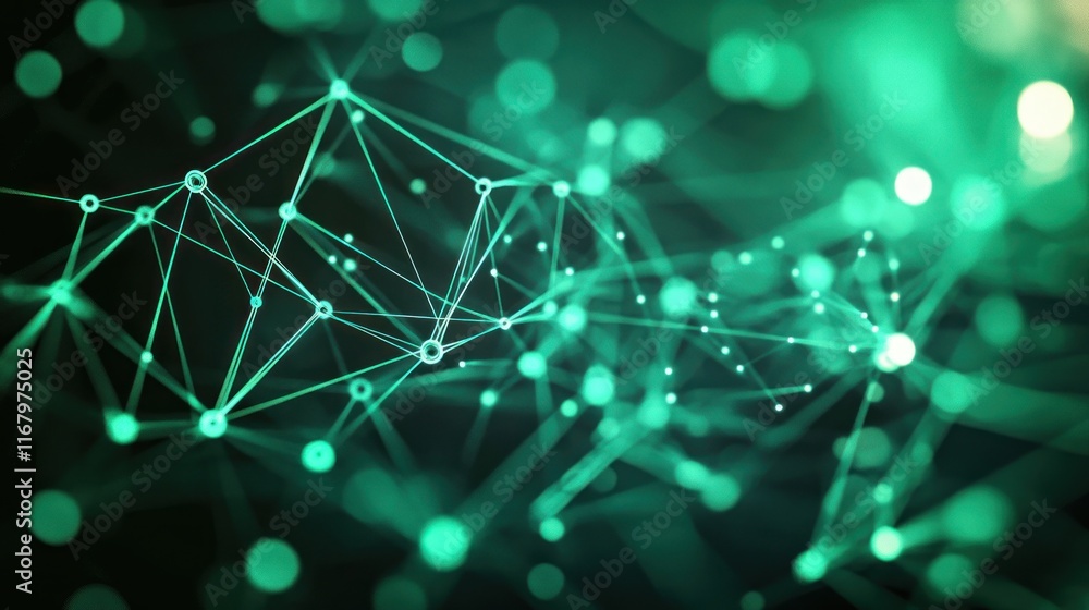 Poster Abstract green network connection, digital data flow, glowing particles.