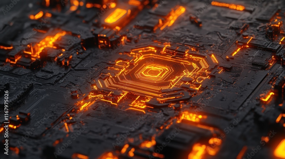 Poster glowing orange circuits on a dark tech background.