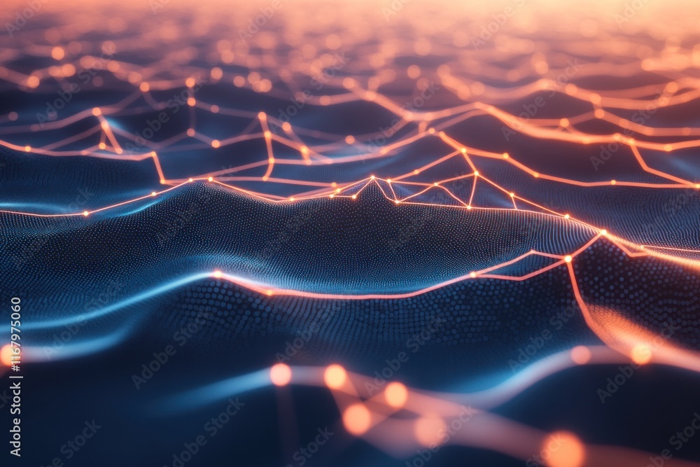 Poster abstract digital landscape with glowing lines and nodes, representing data flow or network connectio
