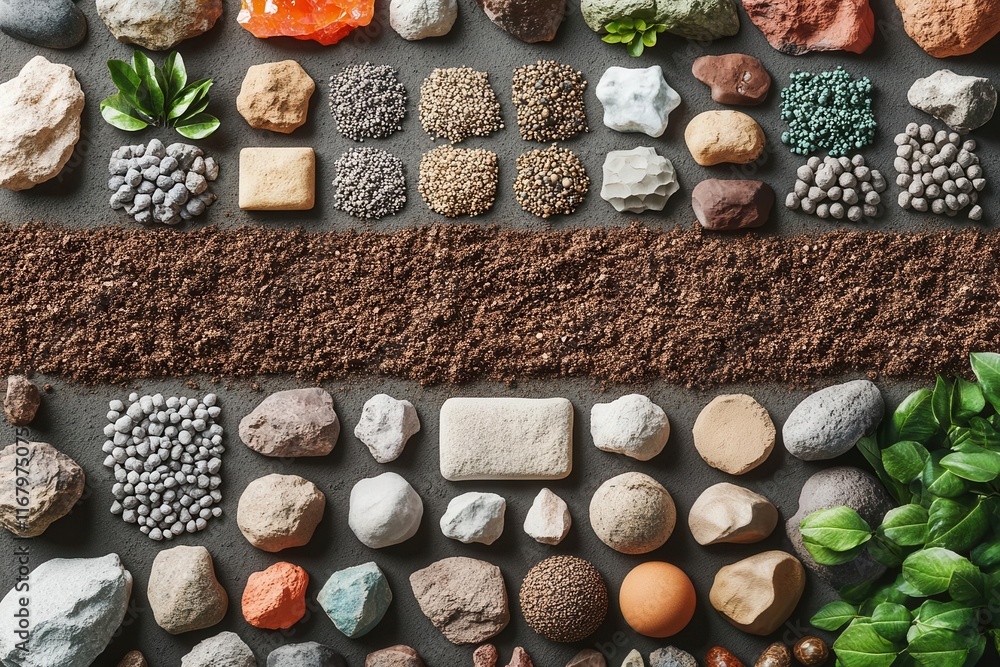 Poster a colorful array of various stones, seeds, and natural materials arranged neatly on a surface, showc