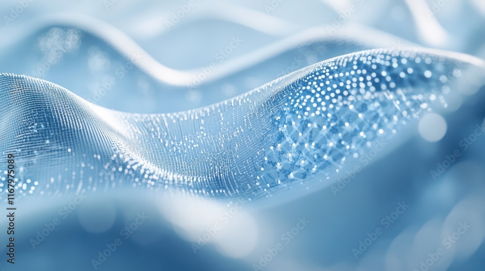 Poster abstract blue wavy surface with light bokeh.