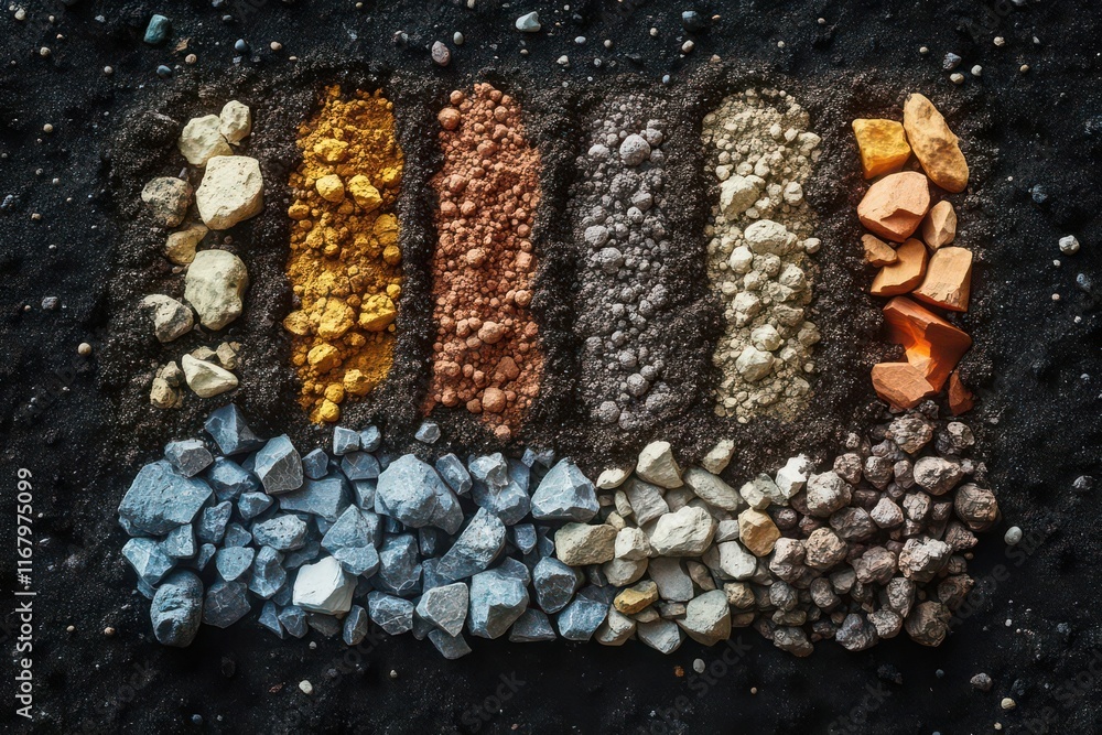 Poster an organized display of various colored soils and rocks arranged in sections, showcasing natural tex