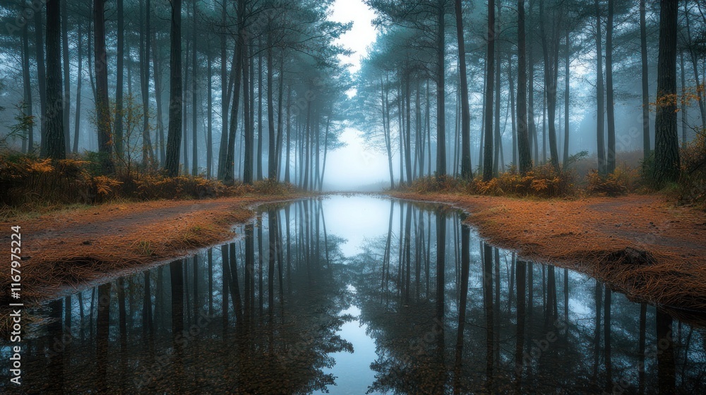 Poster misty forest path reflecting in a puddle, autumnal colors.