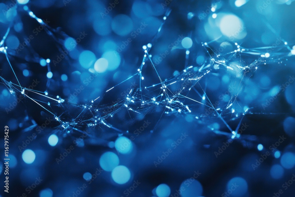 Poster abstract blue network connection, glowing nodes and lines, bokeh background.