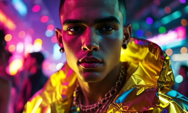 Cyberpunk boy, vibrant and flashy, European, rave outfit, crew cut