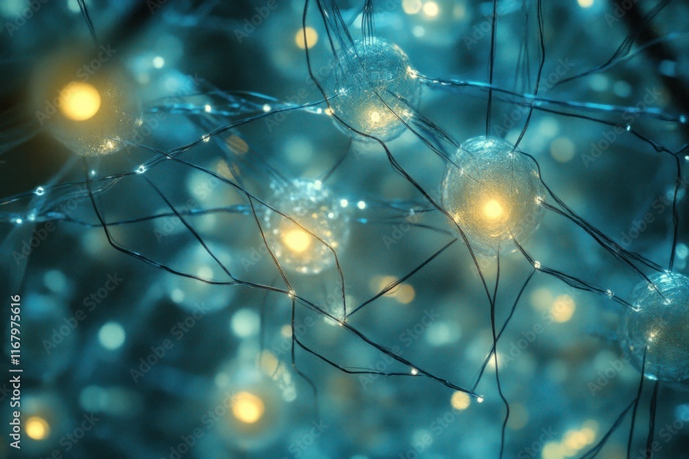 Fototapete Microscopic view of interconnected neurons with glowing nodes, representing neural network or brain activity.