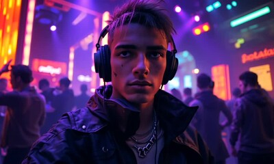 Cyberpunk boy, vibrant and flashy, European, rave outfit, crew cut - Powered by Adobe