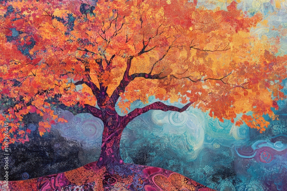 Poster dynamic wallpaper showcasing a colorful tree with hanging leaves, surrounded by swirling abstract pa