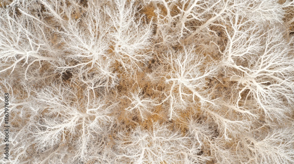 Poster aerial view of leafless trees in winter, forming a textured pattern.