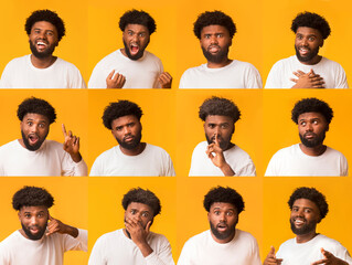 Collage of young african american man portraits with different emotions and gestures over yellow...