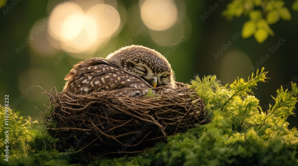Aufkleber little owl nestled in a mossy nest, sleeping peacefully in the soft sunlight filtering through the f