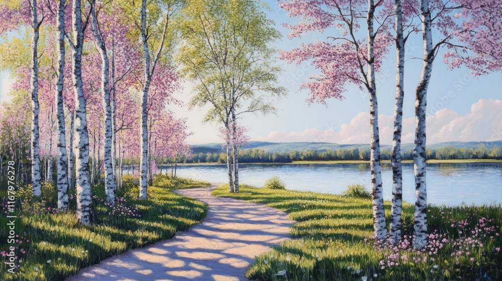 Poster serene lakeside path winds through blooming birch trees under a bright spring sky.