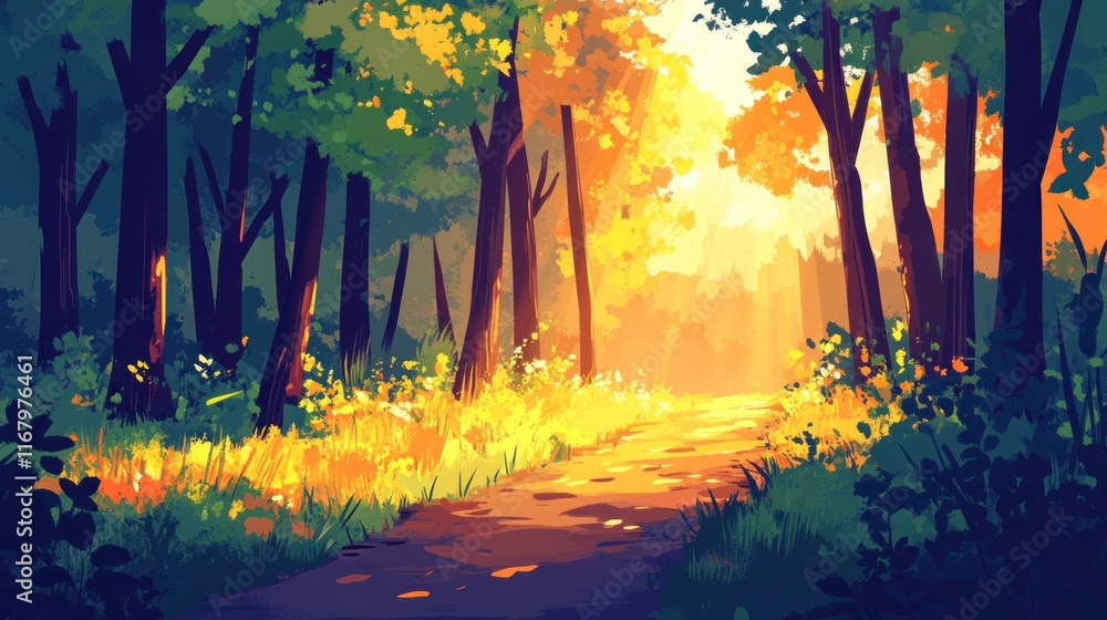 Poster sunlit path through a lush forest with tall trees and vibrant foliage.