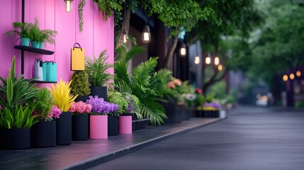 Vibrant street scene with colorful plants and decorative lighting.