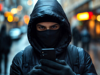 Imagem de um bandido de touca disfarçado, aplicando golpes virtuais pelo smartphone, representando a ação criminosa no mundo digital