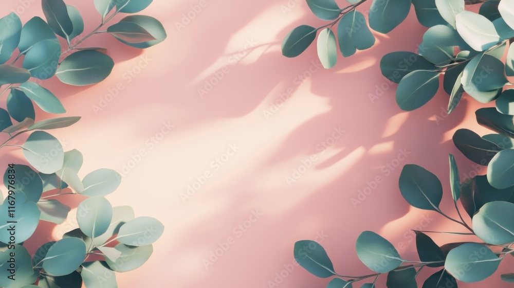 Aufkleber pastel pink background with eucalyptus branches and leaves creating a frame. sunlight casts shadows.