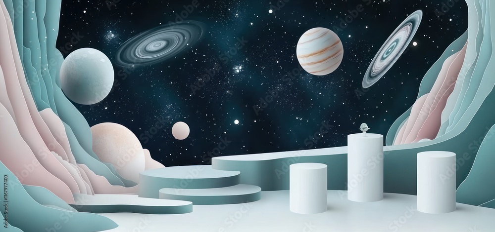 Aufkleber abstract 3d render of pastel-colored platforms against a cosmic backdrop featuring planets and galax