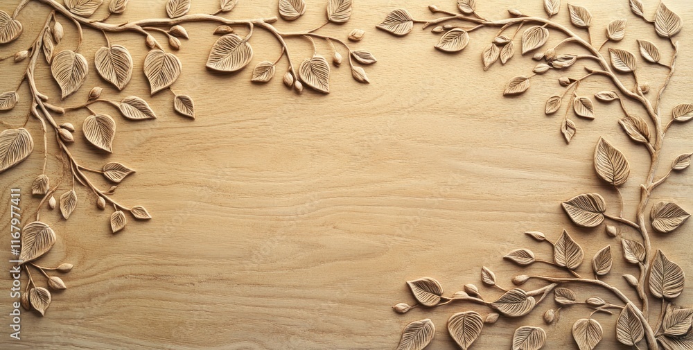 Aufkleber intricate wood carving with leaf and branch design, creating a natural frame on light wood backgroun