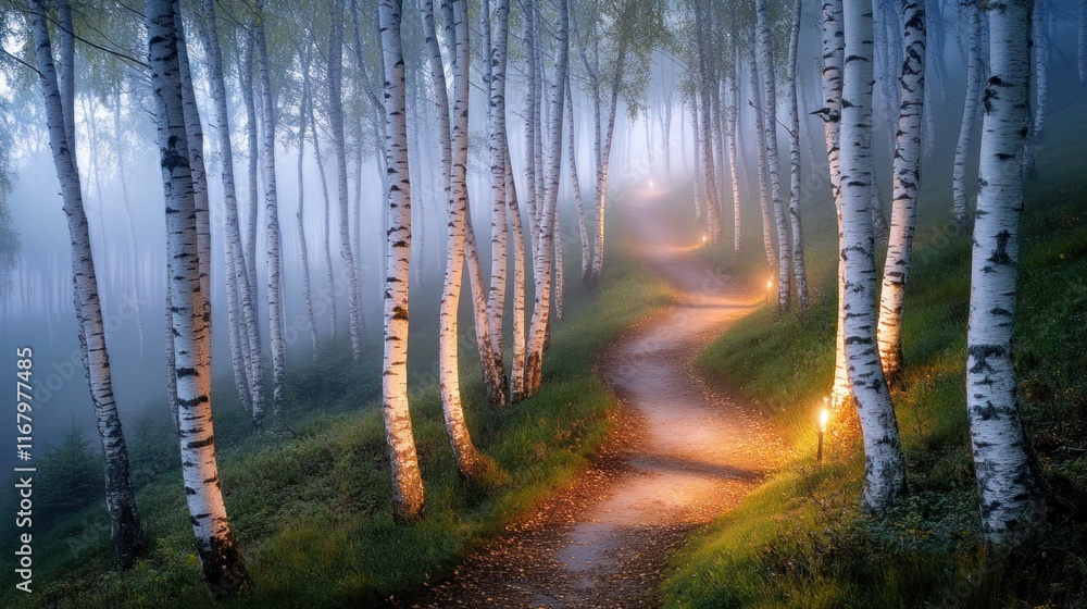 Poster misty path winding through a birch forest at twilight, illuminated by soft lights.