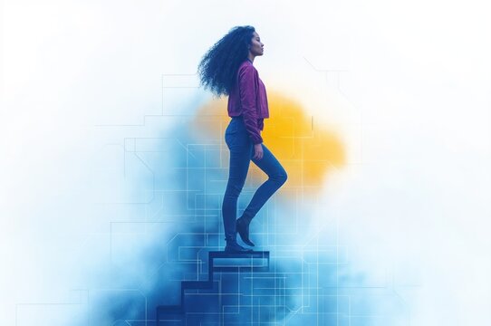 Mulher negra de perfil no topo de uma escada, olhando para frente em um fundo azul. A escada simboliza os desafios enfrentados pelas mulheres, especialmente as mulheres negras na sociedade