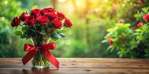 A delicate red bow tied around a bouquet of fresh roses in a vase on a wooden table amidst lush greenery, centerpiece