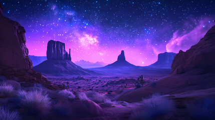 Enchanting neon desert landscape under starry sky, a dreamy and magical scene perfect for fantasy and wanderlust concepts. Wanderlust. Illustration