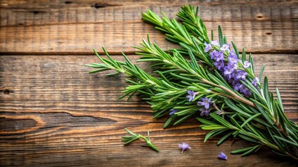 A delicate bunch of fresh rosemary sprigs with aromatic leaves and tiny purple flowers amidst a rustic wooden background, rosemary, culinary