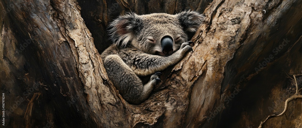 Poster a sleepy koala rests in the crook of a large tree, blending seamlessly with the bark.