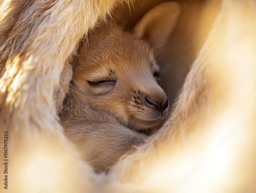 Poster a sleeping joey nestled securely in its mother's pouch.