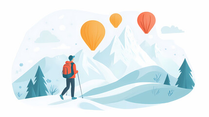 Fototapeta premium Generative ai minimal travel landscape mountain illustration with wanderlust traveller walking. Wanderlust. Illustration