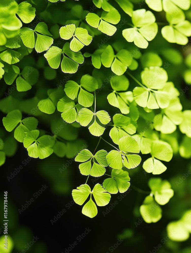 Poster close-up of vibrant green clover-like leaves illuminated by sunlight, creating a lush and textured b