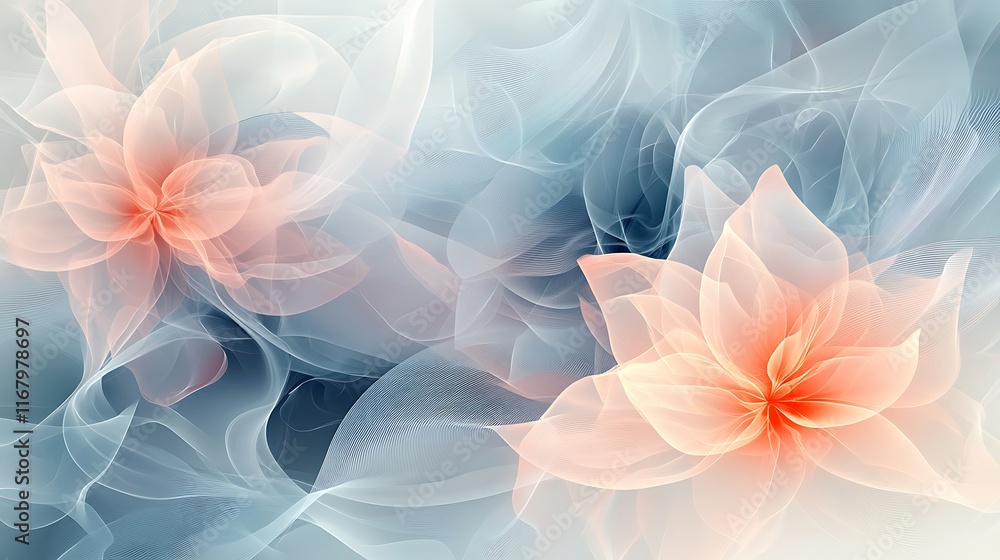 Poster a modern design featuring overlapping translucent flower shapes, creating an ethereal and abstract f