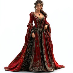 Fototapeta premium A regal woman in a flowing red and gold medieval gown stands against a white background.