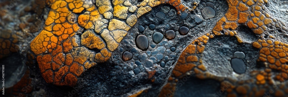 Poster close-up of textured rock surface with orange, yellow, and grey patterns, embedded pebbles, and glos