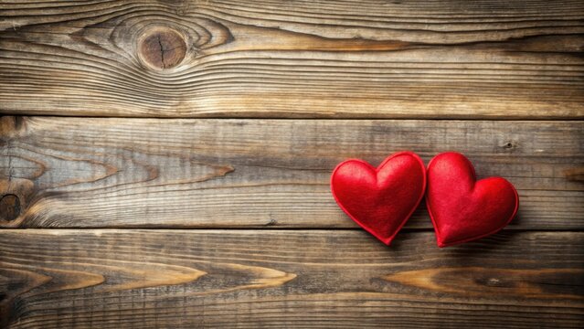 A pair of red hearts are nestled between two wooden planks on a rustic wooden background, with subtle hints of love and warmth surrounding them , wood, valentines day
