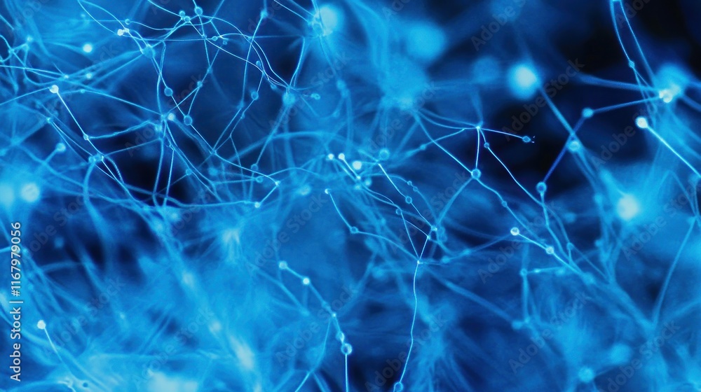 Poster Abstract blue network background with glowing nodes and lines.