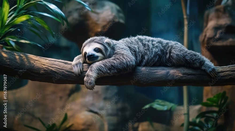 Poster a sloth rests on a tree branch in a lush, green environment.