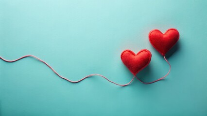 Fototapeta premium Two red hearts connected at the center by a thin white thread are seen in close-up against a soft pastel blue background, heart link, romantic bond