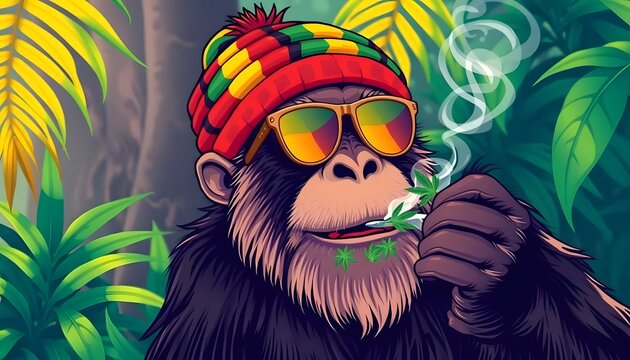 Cool Chimp in Reggae Hat: Vibrant Tropical Cannabis Art