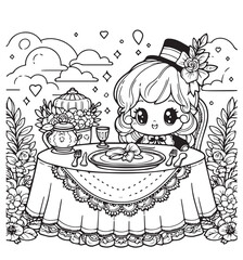 coloring book girl dinner in the nature garden 
