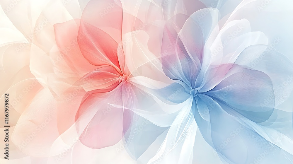 Poster a modern design showcasing overlapping translucent flower shapes, creating an ethereal and abstract 