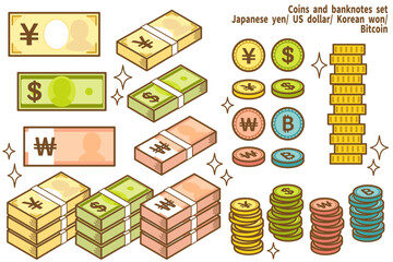 世界の硬貨と紙幣のイラストセット