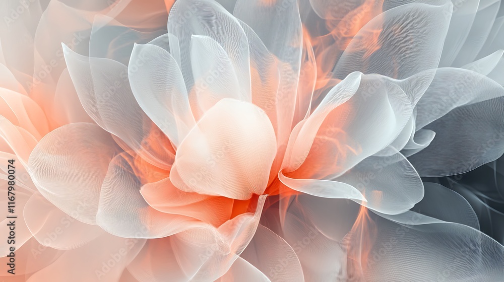 Poster a modern design showcasing overlapping translucent flower shapes, creating an ethereal and abstract 