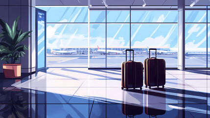 A modern airport interior featuring sleek design, spacious layout, and two stylish suitcases ready for adventure, evoking wanderlust and excitement. Wanderlust. Illustration
