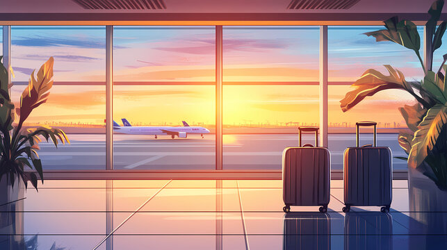 A modern airport interior featuring sleek design, spacious layout, and two stylish suitcases ready for adventure, evoking wanderlust and excitement. Wanderlust. Illustration