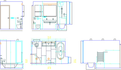 Vector sketch illustration silhouette design detail site plan view and section of modern bathroom building.eps
