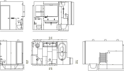 Vector sketch illustration silhouette design detail site plan view and section of modern bathroom building.eps © ibu